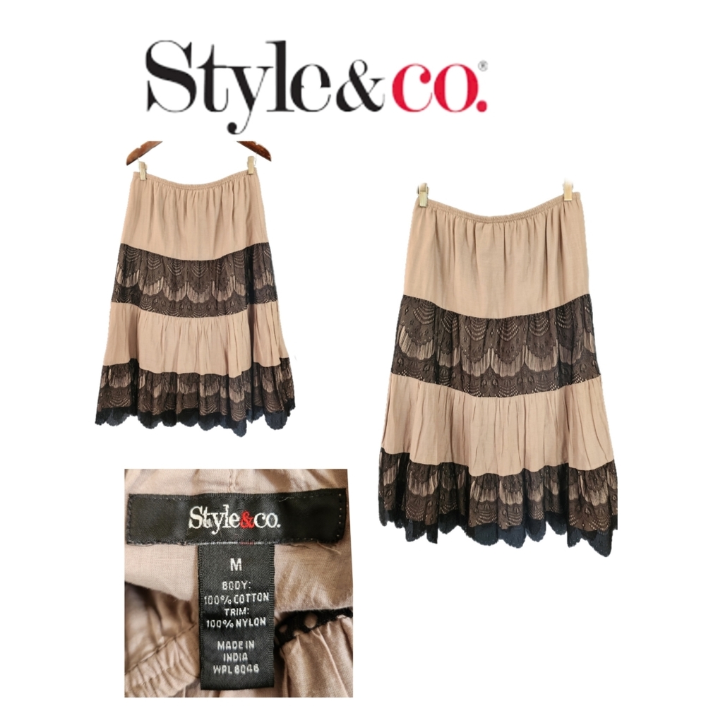 Style & CO. brown Boho tiered peasant skirt with black lace detailing size M - Picture 1 of 4
